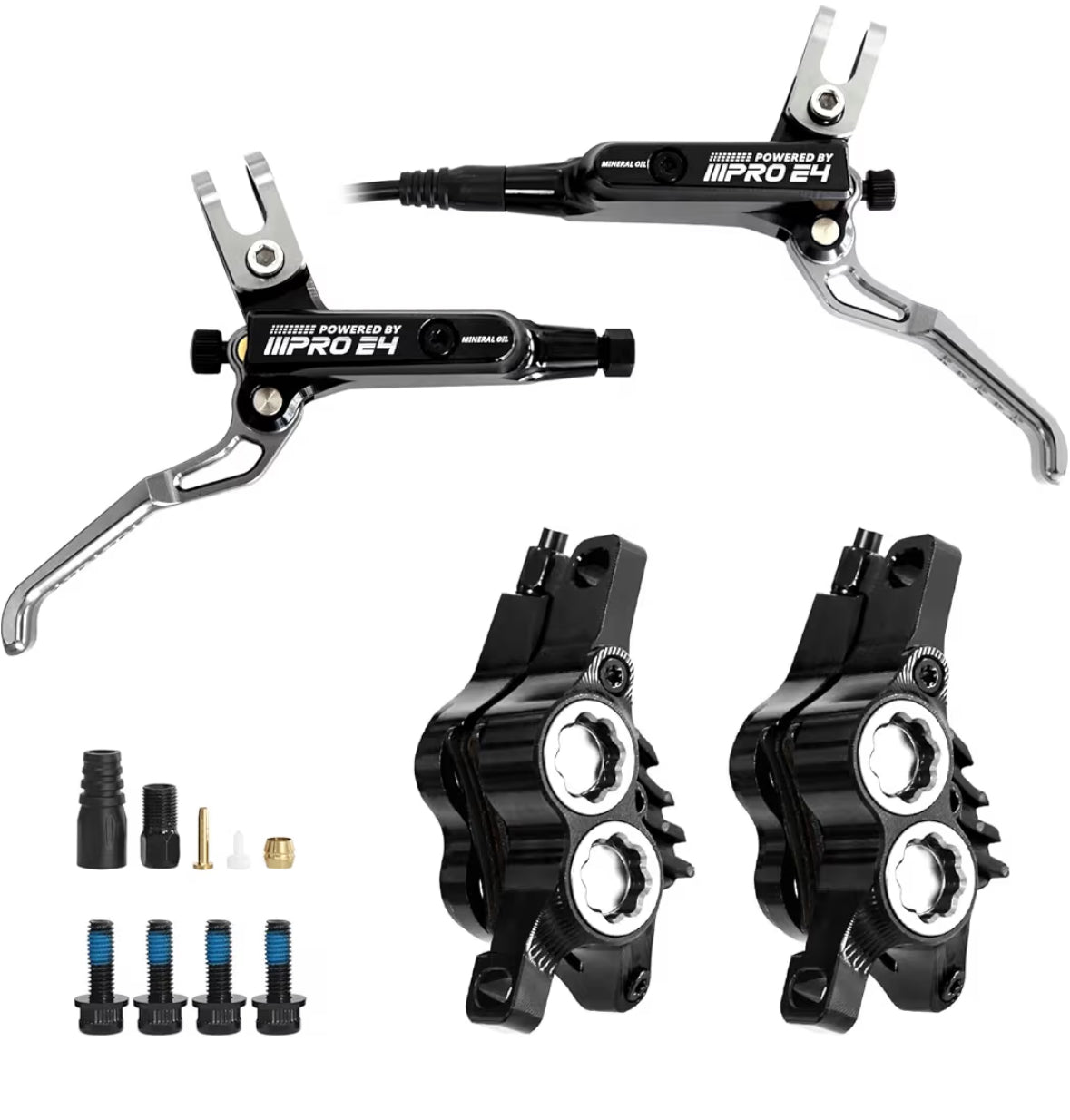 Hydraulic Disc Brake Set, 4-Piston Hydraulic Brake Kit with Ceramic Brake Pads for Mountain Bike（Pre-Bled, Front 800mm and Rear 1550mm）